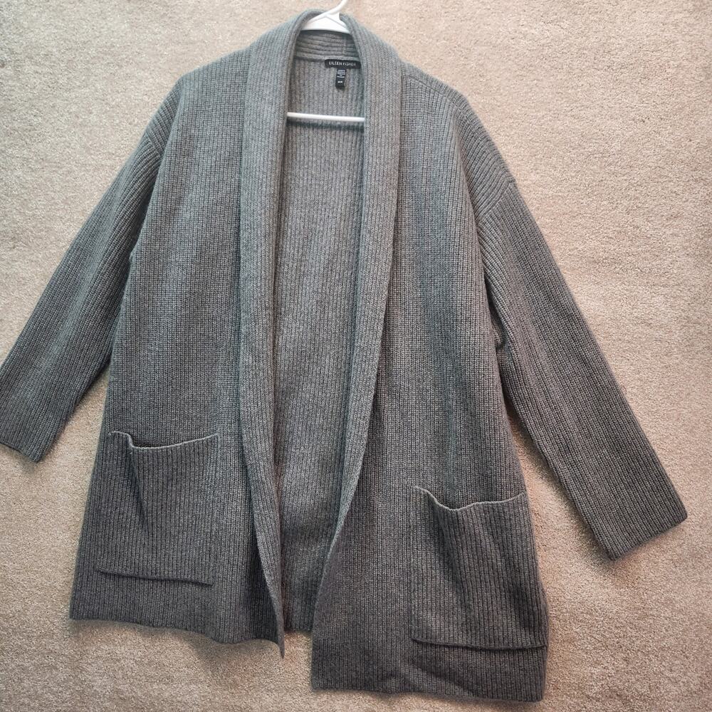 Eileen Fisher Gray Knit Cardigan Size Medium Cashmere Wool Blend
